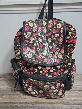 Candies Y2K Floral Sequin Backpack - Black with Pink & Cream Flowers Large
